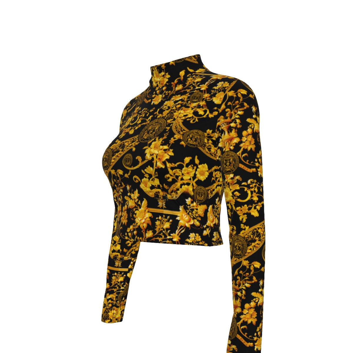 12k Royal Gold Floral Women's Turtleneck T-shirt With Long Sleeve