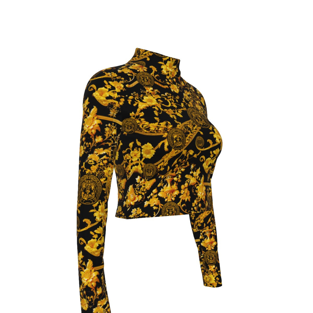 12k Royal Gold Floral Women's Turtleneck T-shirt With Long Sleeve